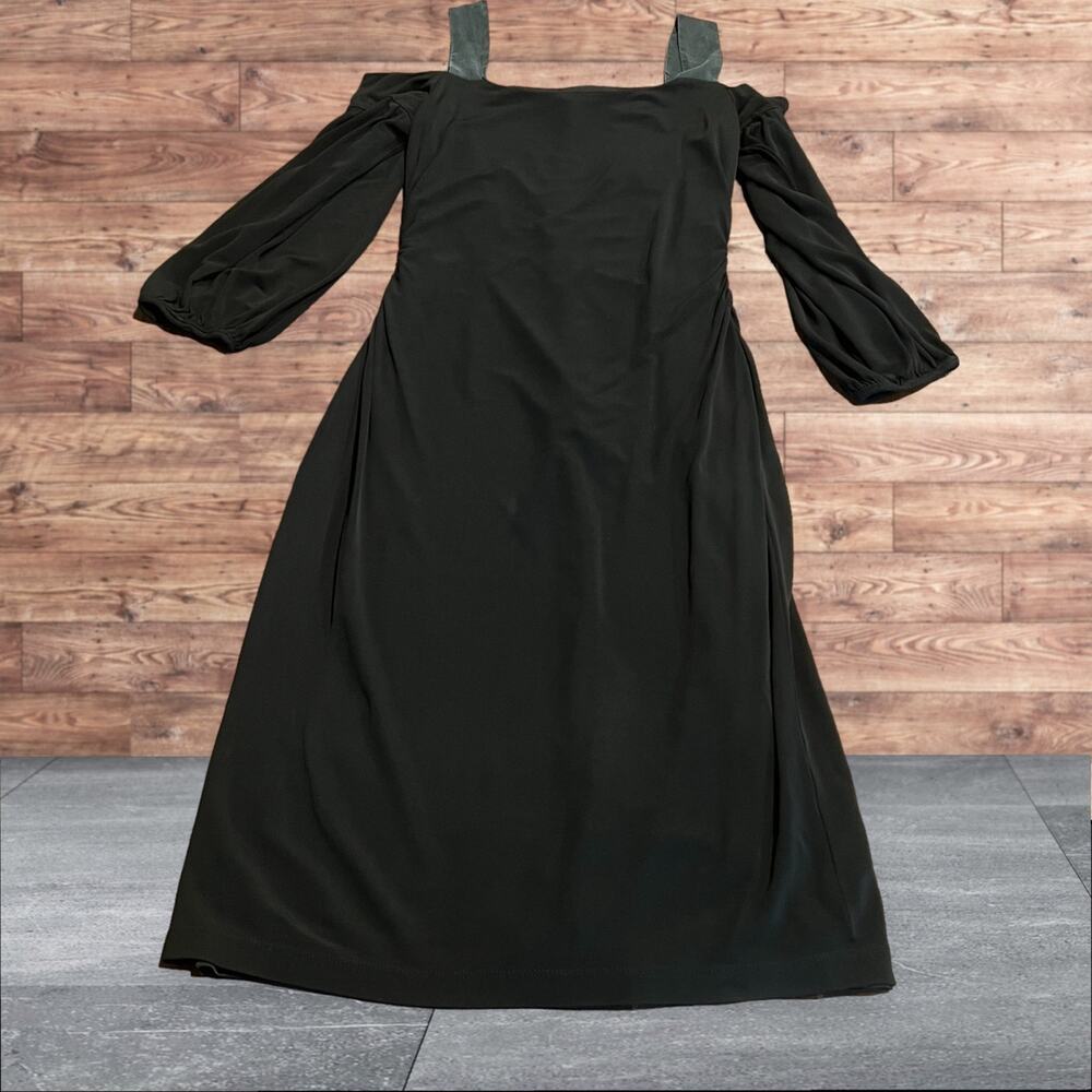 David Meister Black Rayon Silk Dress Off the Shoulder 3/4 Sleeve Ruched Medium
